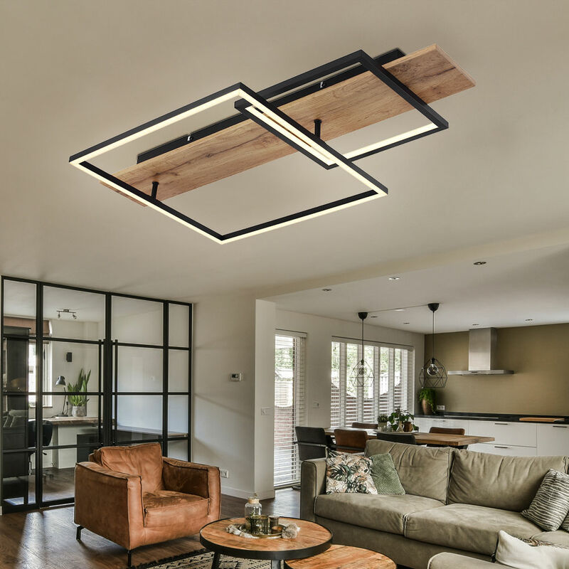 Image of Globo - Lampada da soffitto soggiorno effetto legno lampada da camera da letto memory plafoniera led con aspetto legno, alluminio metallo nero, 1x