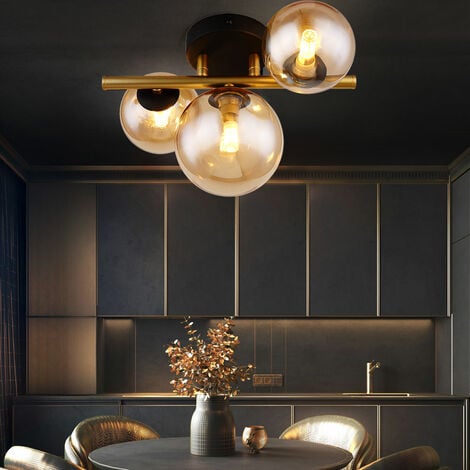 GLOBO Lampada da soffitto soggiorno lampada da soffitto design lampada a sfera in ottone nero lampada da parete LED in vetro all'interno, sfera in vetro ambra, 3x 3.5W 3x350 lm, 3000K, LxPxH 28x21x19 cm