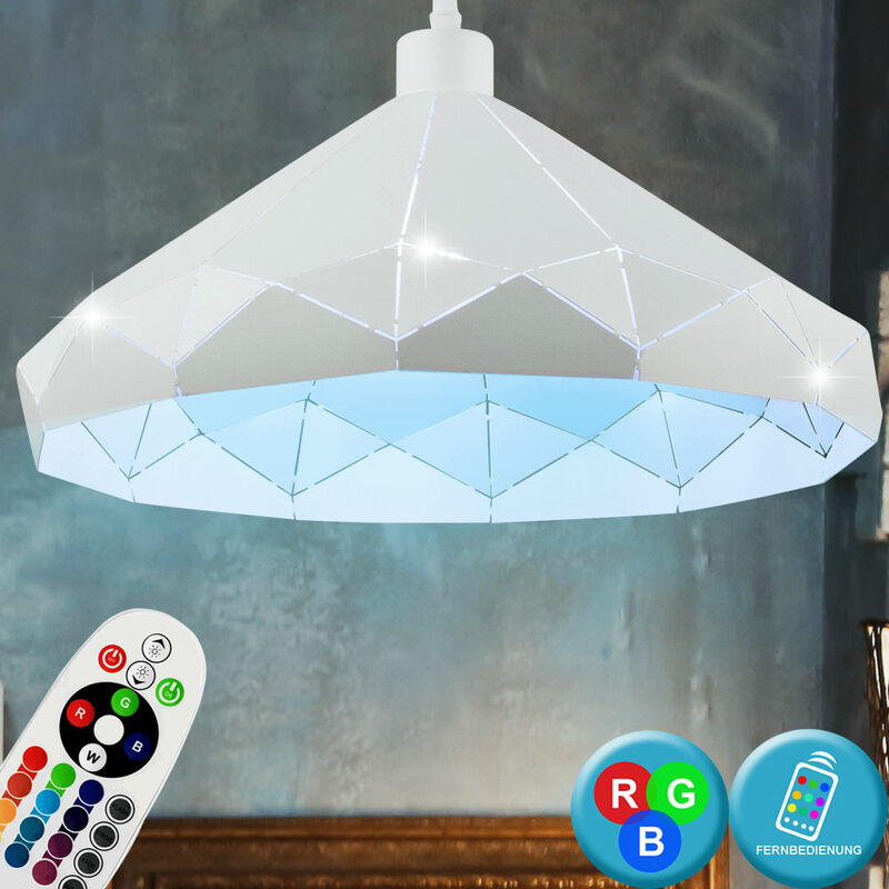 Image of Lampada a sospensione bianca, lampada da tavolo da pranzo, lampada da soggiorno, telecomando, dimmer, lampada a sospensione a led rgb, metallo