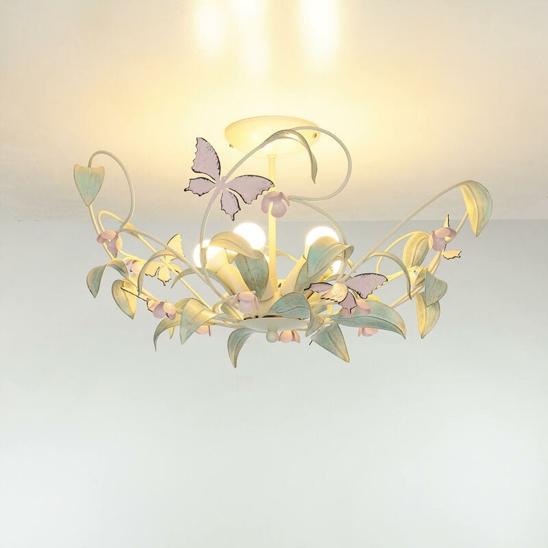 Image of Lampadario in vivace stile floreale a 5 Luci summer Ø64cm Lampada da soffitto ideale per salotto camera da letto summer - Bianco, rosa