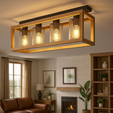 Lampada da soffitto tavolo da pranzo plafoniera retrò rustica casa di campagna lampada da soffitto soggiorno legno, MDF vetro fumo metallo, 4 lampadine E27, LxLxH 75x20x22,5 cm