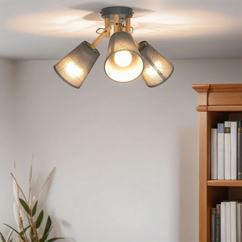 Image of Lampada da soffitto a 3 Punti luce con paralumi in tela color grigio stile scandinavo in legno per camera da letto salotto - legno chiaro, grigio