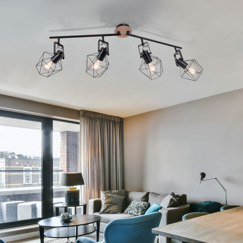 Image of Etc-shop - Lampada da soffitto vintage faretto lampada da soggiorno lampada da soffitto retrò 4 fiamme, faretti mobili, rete metallica aspetto legno