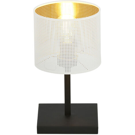 Lampada Da Tavolo 1 Luce Cigno In Acciaio Bianco E Paralume A Cilindro Oro