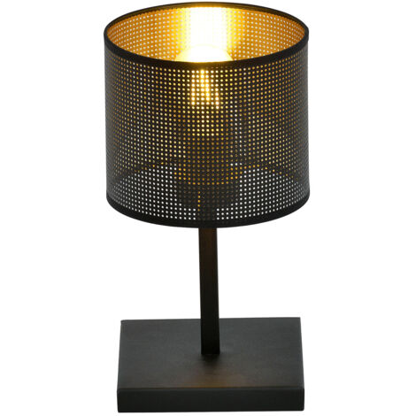 Lampada Da Tavolo 1 Luce Cigno In Acciaio Nero E Paralume A Cilindro Oro