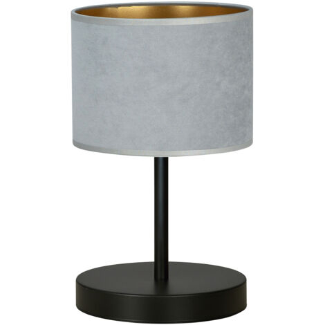 Lampada Da Tavolo 1 Luce Ganesha In Acciaio Nero E Paralume In Tessuto Grigio