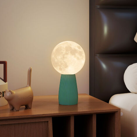 Lampada da Tavolo a Forma di Luna Stampata in 3D e 3 Colori con 10 Luminosità, Lampada da Lettura in ABS, Ø15x28 cm, Bianco e Verde Scuro