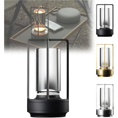 Lampada da tavolo a lanterna di cristallo, lampada di cristallo, lampada da tavolo portatile in metallo per interni/esterni, lampada LED ricaricabile senza fili 3 colori (colore: nero)