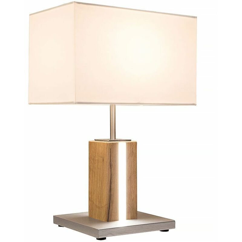 Image of Lampada da comodino in tessuto bianco lampada da tavolo in legno rovere lampada da tavolo in legno casa di campagna, striscia led regolabile, 1x E27