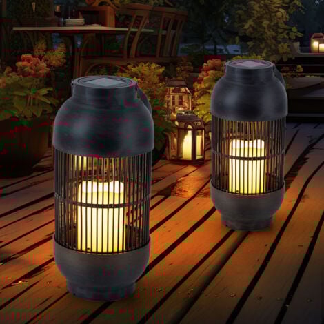 Lampada da tavolo a luce solare Lampada da esterno Lanterna Candela Lampada da giardino Lampada da terrazza effetto fiamma, plastica nera, batteria, 1x LED bianco caldo, H 33 cm, set da 2