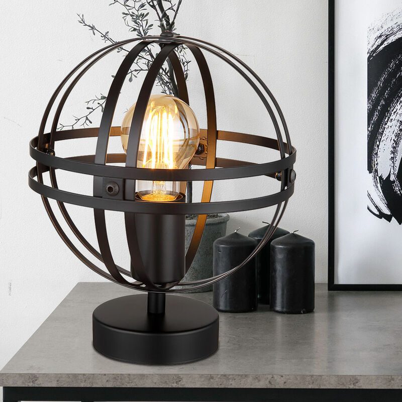 Image of Lampada da tavolo, abat-jour, lampada da soggiorno, lampada da comodino design industriale, sfera, metallo, nero, opaco, attacco E27, PxH 20x24,5 cm