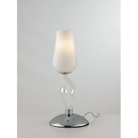 "Lampada da tavolo ANGEL in vetro bianco con dettagli cromati e trasparenti 34x15 cm."