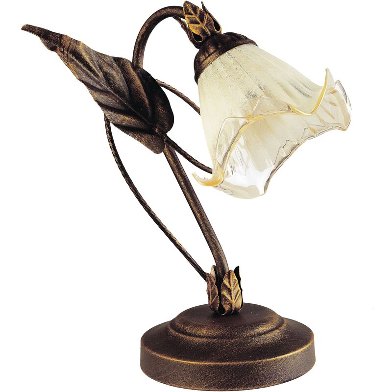 Image of Lampada da tavolo autunno in metallo marrone con decori a foglia e diffusore in vetro - Marrone