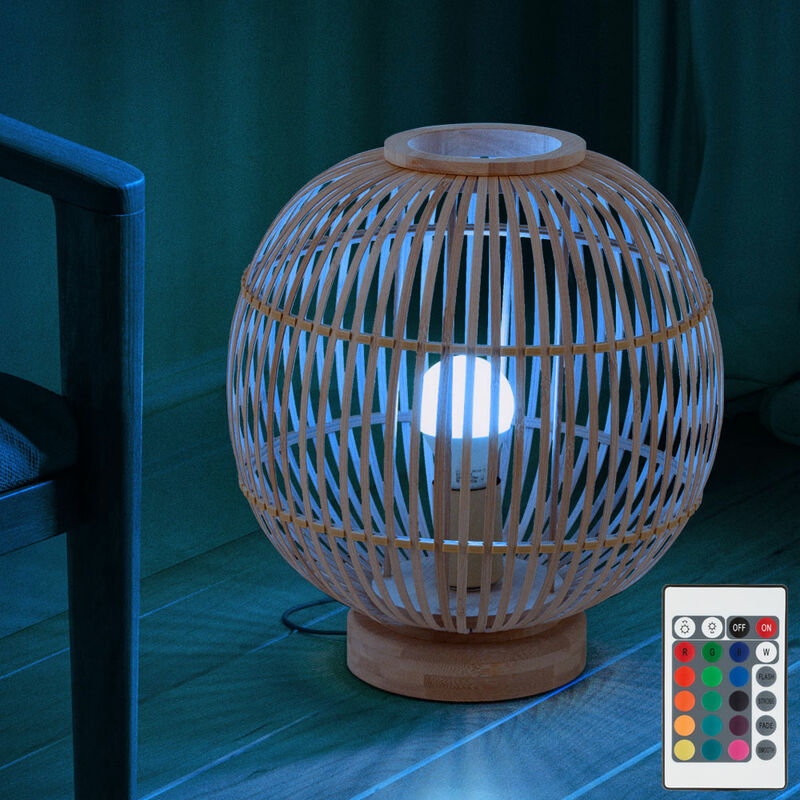 Image of Lampada da tavolo bambù lampada boho lampada da comodino lampada a sfera camera da letto colore naturale, cambia colore dimmerabile telecomando
