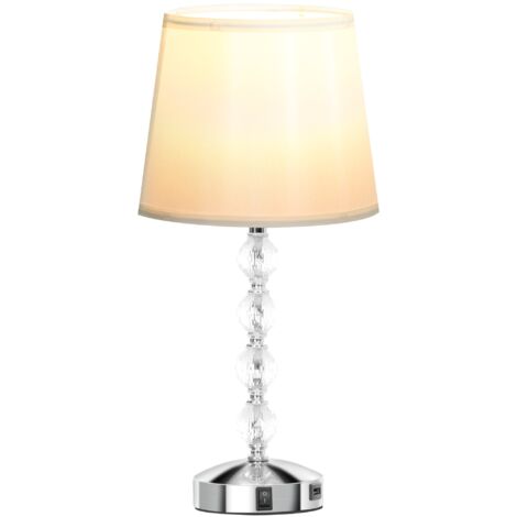 Lampada da Tavolo Base con Cristalli in Vetro con Porta USB Ø23x45 cm Bianco e Argento