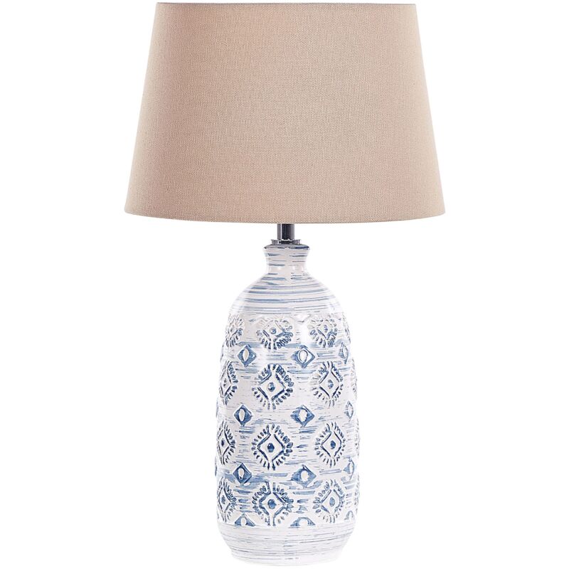 Image of Lampada da tavolo in ceramica luce da comodino base fatta a mano bianco e blu Palakaria