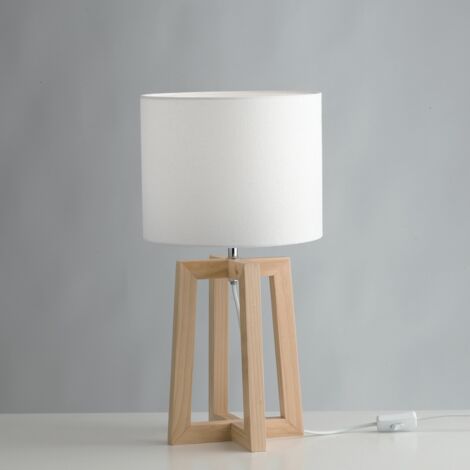 "Lampada da tavolo BERRY in legno naturale con paralume in tessuto bianco"