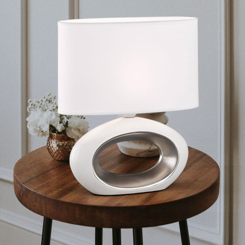 Image of Lampada da tavolo bianca luce laterale lampada da comodino lampada da lettura design ovale tessuto, ceramica, 1x attacco E27, LxLxH 23x11x27 cm