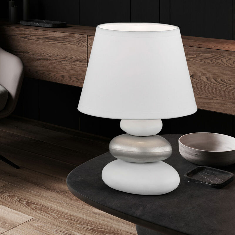 Image of Lampada da tavolo bianco argento pietre in ceramica lampada da comodino lampada da lettura lampada da camera, Chintz bianco, 1x E14, DxH 17x24 cm