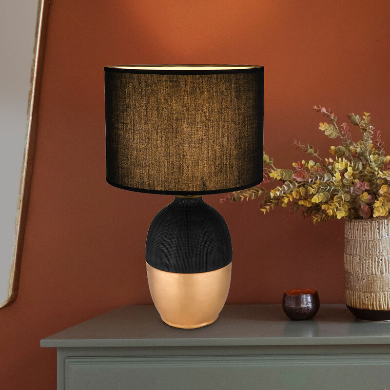 Image of Lampada da tavolo camera da letto abat-jour nera lampada da lettura, luce notturna paralume in tessuto, ceramica oro, 1x attacco E14, DxH 25x43 cm