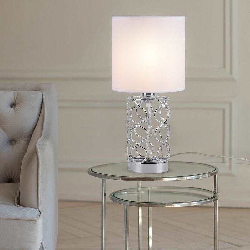 Image of Lampada da tavolo camera da letto lampada da comodino bianca lampada da tavolo moderna base argento, paralume in tessuto acciaio, 1x attacco E14, DxH