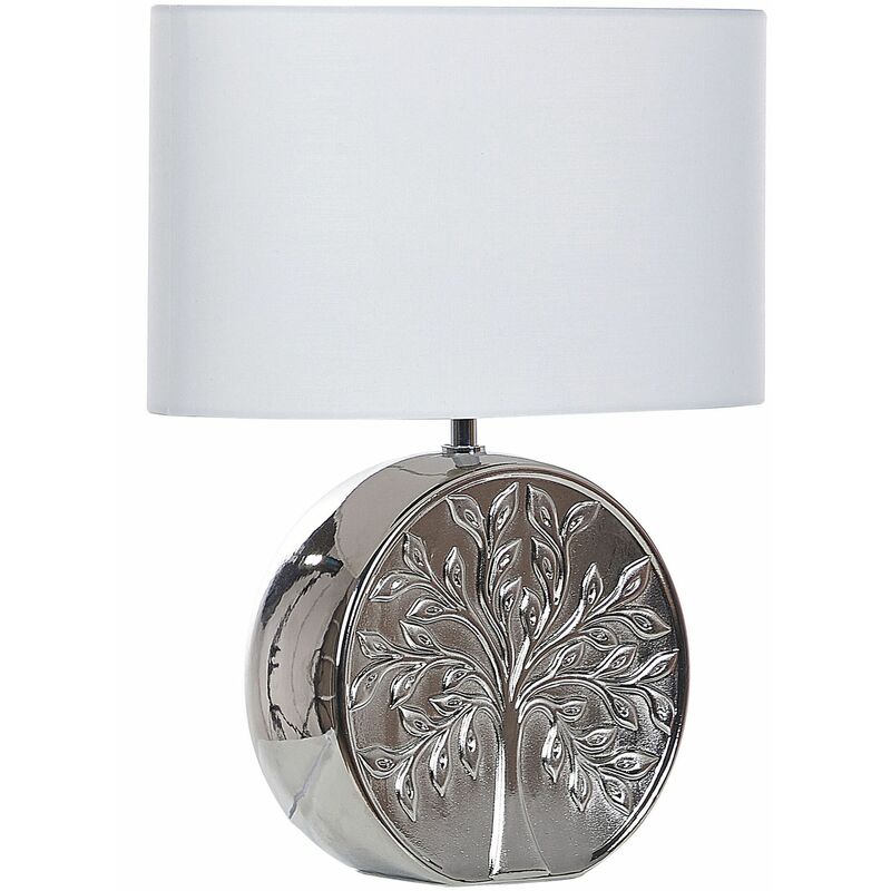 Image of Lampada da tavolo in ceramica argento paralume in tessuto bianco 48 cm comodino classico Kherlen - Argento