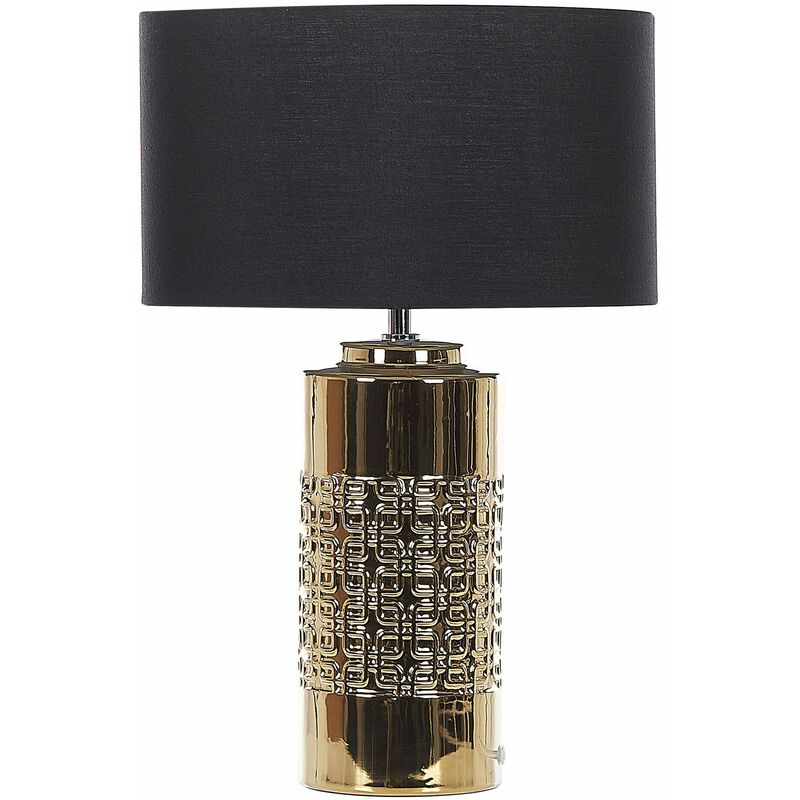 Image of Lampada da tavolo in ceramica dorata paralume in tessuto nero 48 cm comodino classico Cimarron - Oro