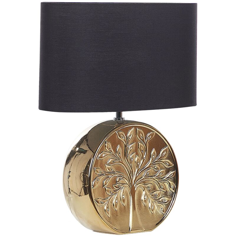 Image of Lampada da tavolo in ceramica dorata paralume in tessuto nero 48 cm comodino classico Kherlen