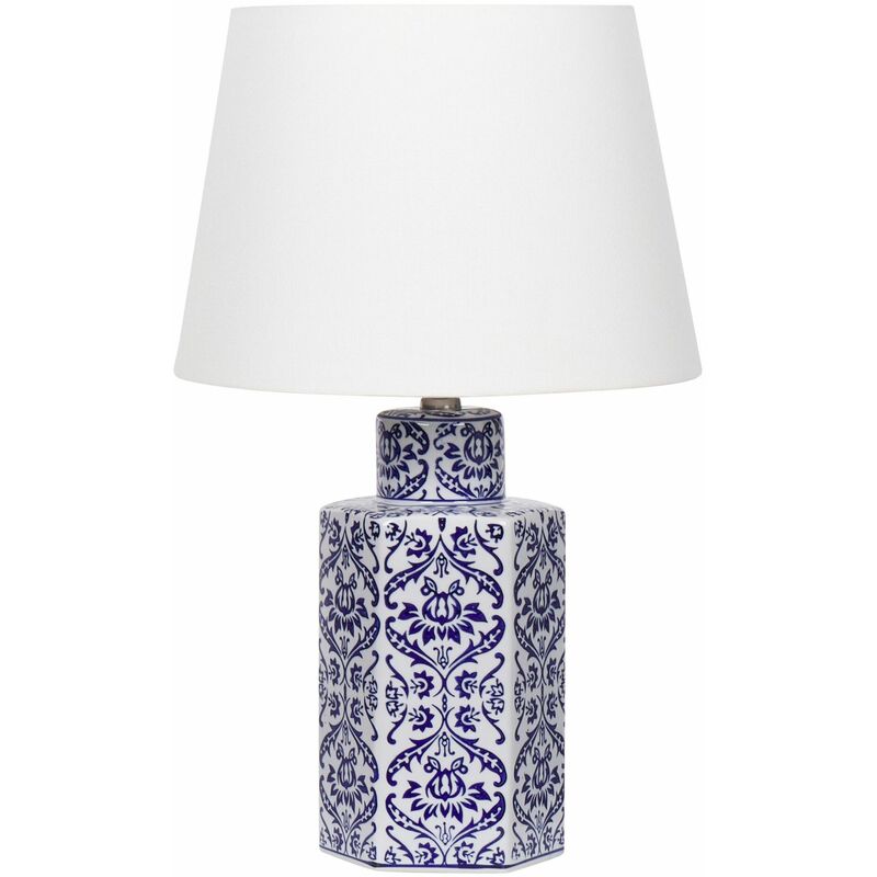 Image of Lampada da tavolo classica con paralume in tessuto di lino base in porcellana bianco e blu 53 cm Marcelin