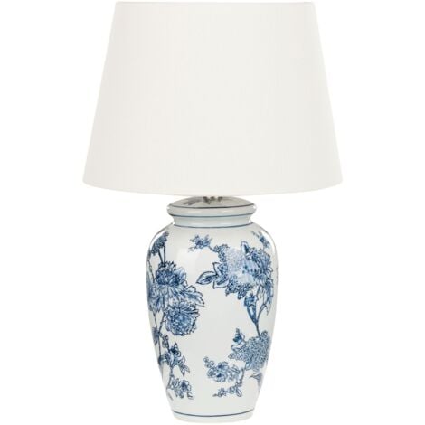 Lampada da tavolo classica con paralume in tessuto di lino base in porcellana bianco e blu Beluso