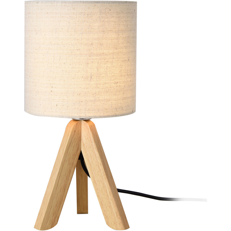 Image of Lampada da tavolo comodino treppiedi base in legno paralume in tessuto beige