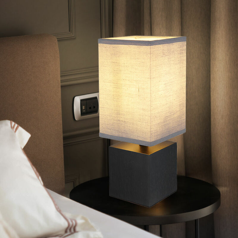 Image of Lampada da tavolo comodino lampada da comodino paralume nero, lampada da scrivania cubi di legno, tessuto antracite, 1x attacco E27, LxLxA 12x12x30 cm