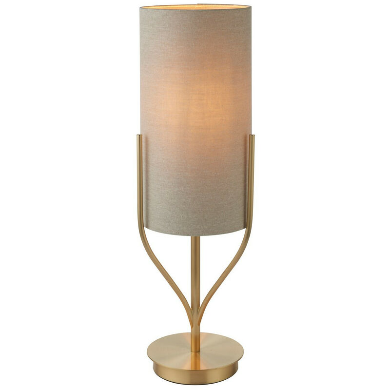 Image of Lampada da tavolo con base e paralume in ottone satinato, tessuto misto lino naturale