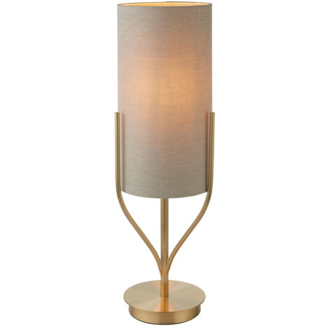 Lampada da tavolo con base e paralume in ottone satinato, tessuto misto lino naturale