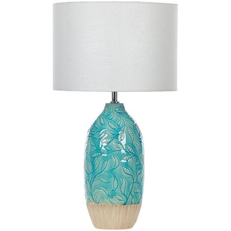 Lampada da tavolo con base in ceramica turchese e paralume in tessuto bianco boho rustico Ataba