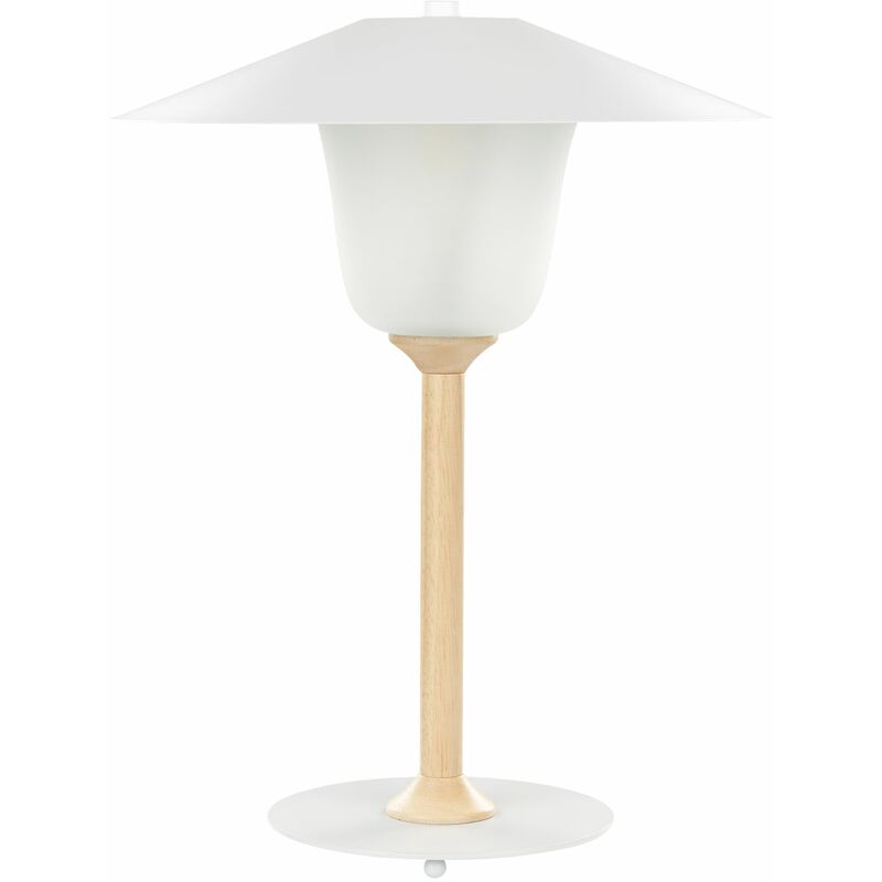 Image of Lampada da tavolo con base in legno massiccio e paralume conico bianco Moppy - Legno chiaro