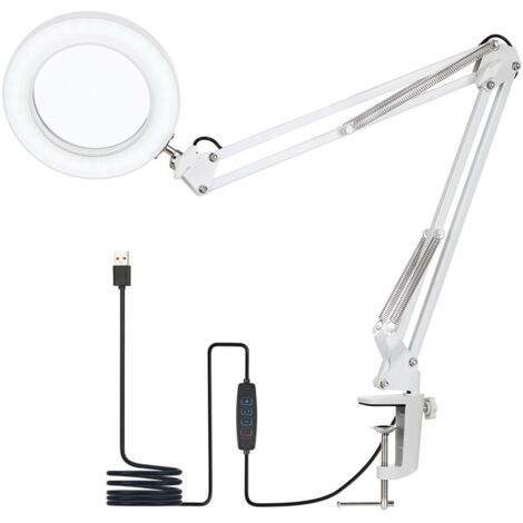 Lampada da tavolo con morsetto, lampada da scrivania, con lente di ingrandimento 8x, braccio girevole, LED dimmerabile, 3 modalità colore, 10 livelli di luminosità-DPZO