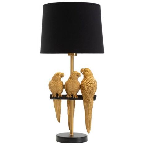 Lampada da tavolo con pappagalli dorati, paralume nero diam 30x62.5cm