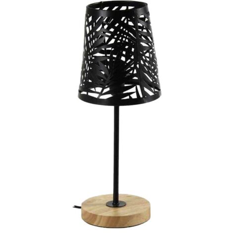 LAMPADA DA TAVOLO CON PARALUME A FOGLIA NERO E BASE TONDA IN LEGNO 14 X 35 CM