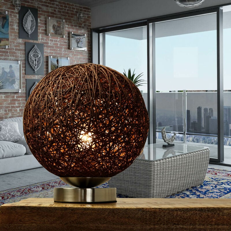 Image of Licht-erlebnisse - Lampada da tavolo con paralume a sfera decorativo in vimini marrone - Marrone