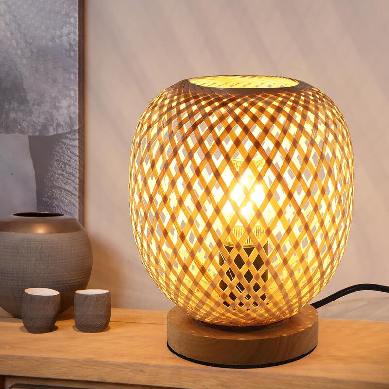 Image of Lampada da tavolo con paralume in bambù, lampada da comodino in bambù E27, illuminazione vintage con intreccio di bambù luminoso con dimmer per
