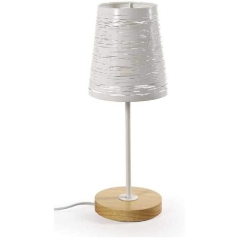 LAMPADA DA TAVOLO CON PARALUME IN METALLO BIANCO E BASE TONDA IN LEGNO DA 35 CM