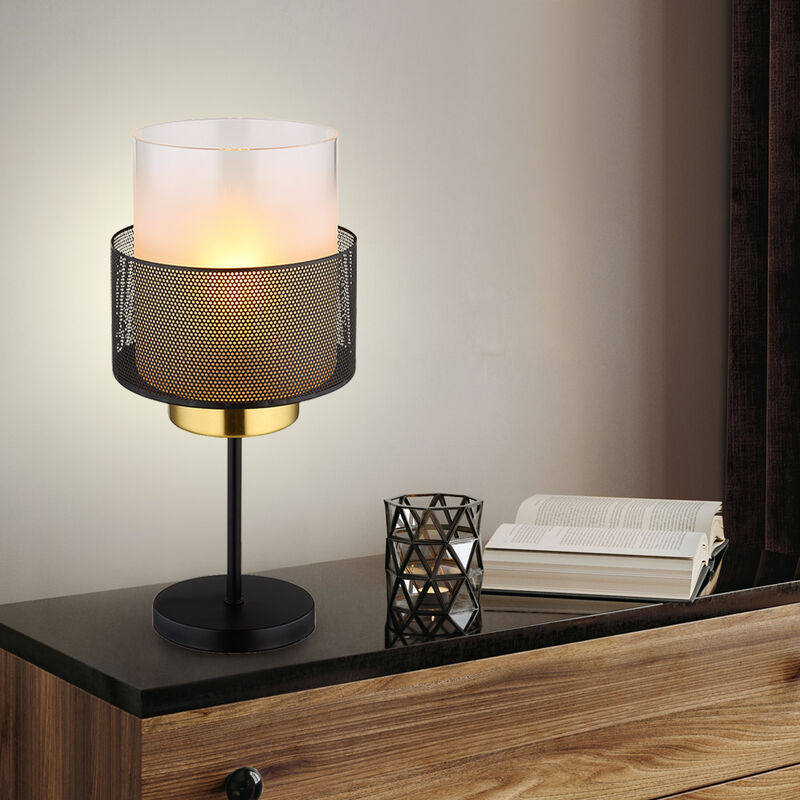 Image of Lampada da tavolo con paralume in vetro satinato lampada da tavolo retro griglia luminosa laterale nero, oro, metallo, 1x attacco E27, DxH 18x40 cm