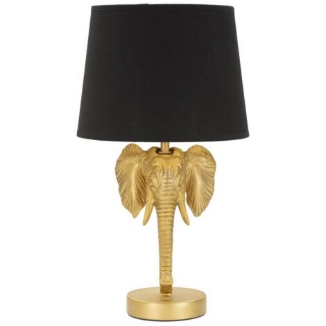 Lampada da tavolo con testa di elefante dorata, paralume nero diam 25x43 cm