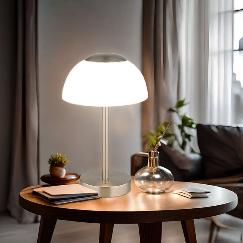 Image of Lampada da tavolo con touch dimmer lampada da comodino LED lampada da tavolo a batteria lampada da soggiorno, metallo nichel opaco vetro opale, 2,5W
