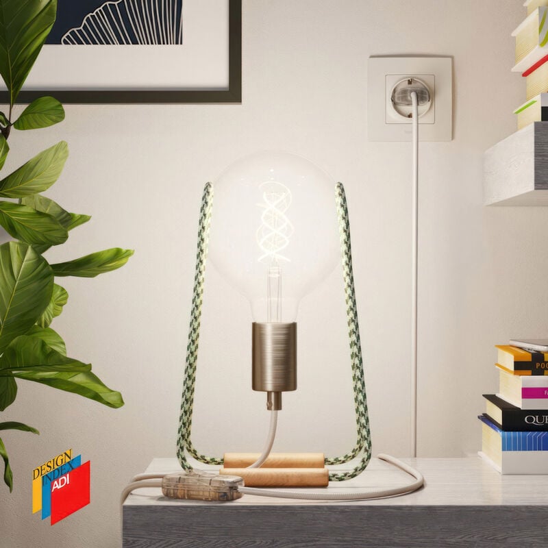 Image of Taché Metal, lampada da tavolo completa di cavo tessile, interruttore e spina a 2 poli Senza lampadina - Puzzle Verde con cavo Bianco - Senza