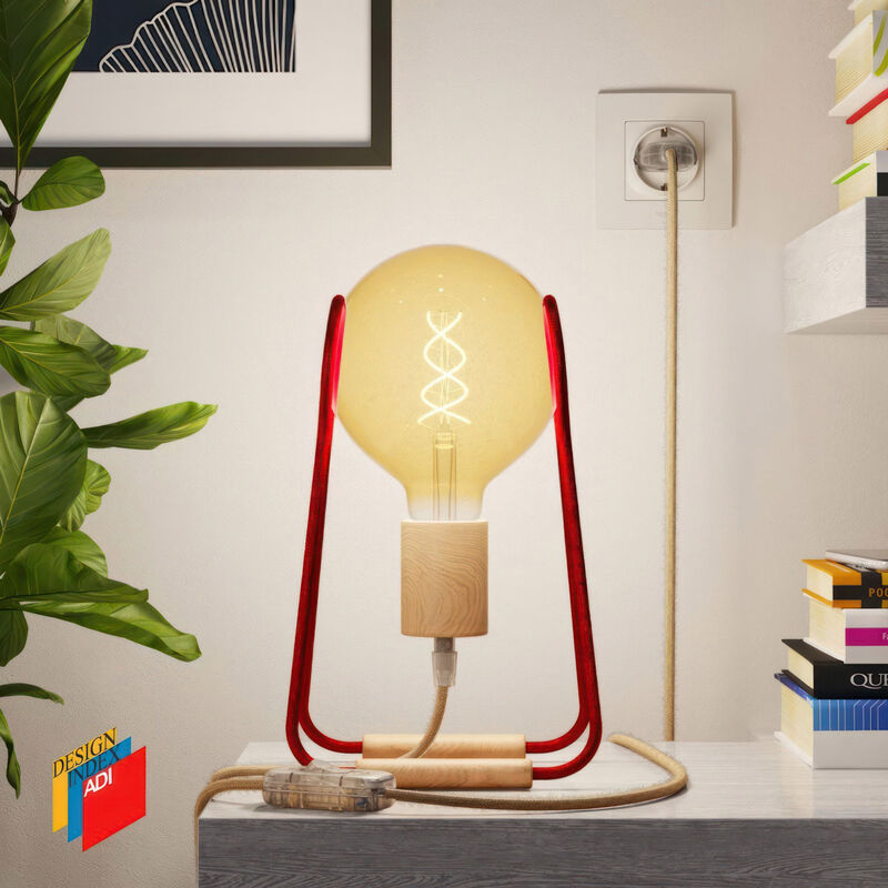 Image of Taché Wood, lampada da tavolo completa di cavo tessile, interruttore e spina a 2 poli Con lampadina - Rosso con cavo Juta - Con lampadina