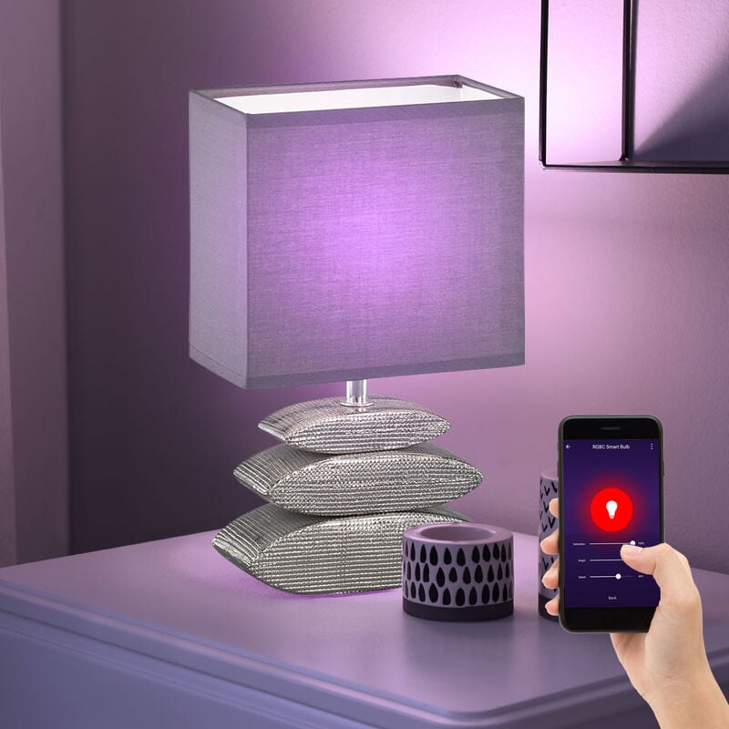 Image of Etc-shop - Lampada da tavolo cromata lampada da comodino moderna quadrata, base in ceramica paralume tessile grigio, controllo app cct, 1x Smart rgb