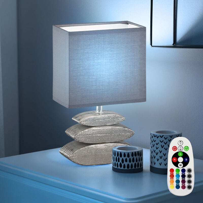 Image of Lampada da tavolo cromata lampada da comodino moderna quadrata, base in ceramica paralume tessile grigio, telecomando dimmerabile, 1x led rgb 4.8W