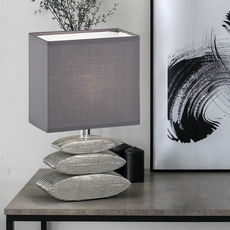 Image of Lampada da tavolo, cromo, lampada da comodino, quadrata, lampada da lettura, base in ceramica, paralume in tessuto, 1 attacco E14, LxPxA 17x10x29 cm